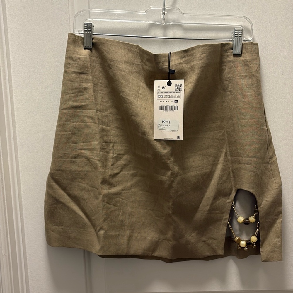Elegant Tan Mini Skirt with Beaded Detail Slit - New with Tags